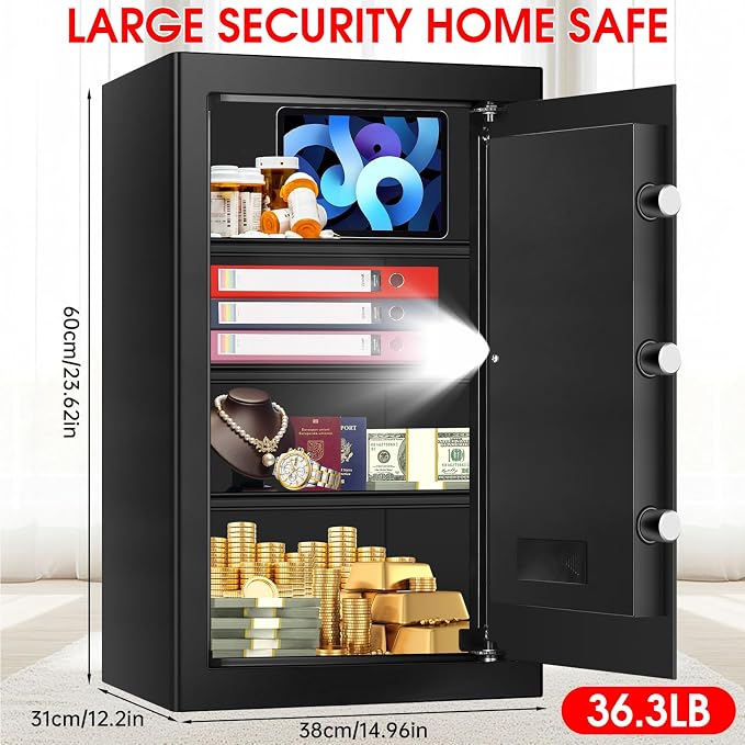 5.1 Cuft Home Safes Water and Fireproof, Large Safety Box Fireproof Waterproof with Electronic Keypad and Spare Key, Fire Proof Safe for Home Documents, Floor Personal Safe for Money Medicine