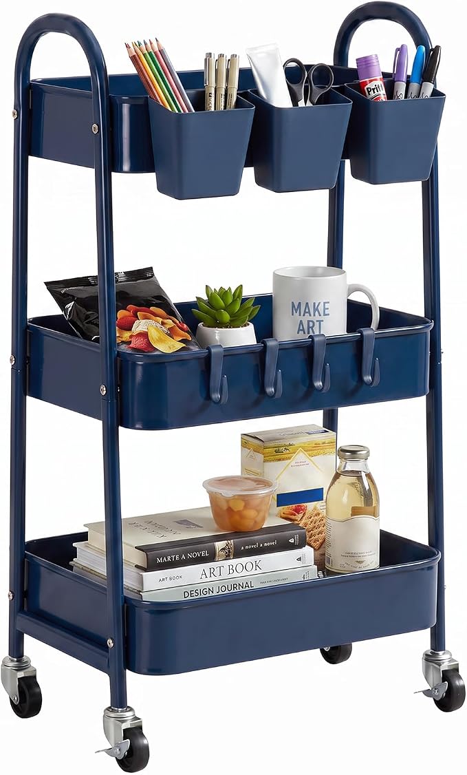 3-Tier Rolling Cart, Utility Cart Mobile Metal Rolling Storage Cart with Lockable Wheels & Hanging Cups & Hooks for Kitchen, Bathroom, Office, Workshop, Dark Blue