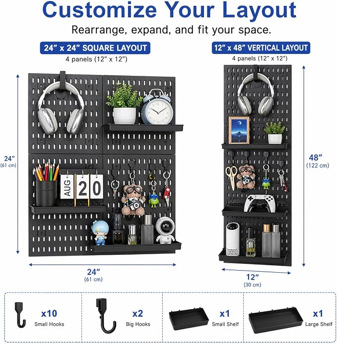 Pegboard Wall Organizer Kit – Heavy Duty 20lbs Load Bearing, Easy Installation, 4 Peg Board Panels 14 Accessories – Multi-Surface Use For Garage, Office, Kitchen & Crafts (Black Pegboard,24″×24″) | 24 x 24 Inch Modular Peg Board Panels with 14 Accessor...