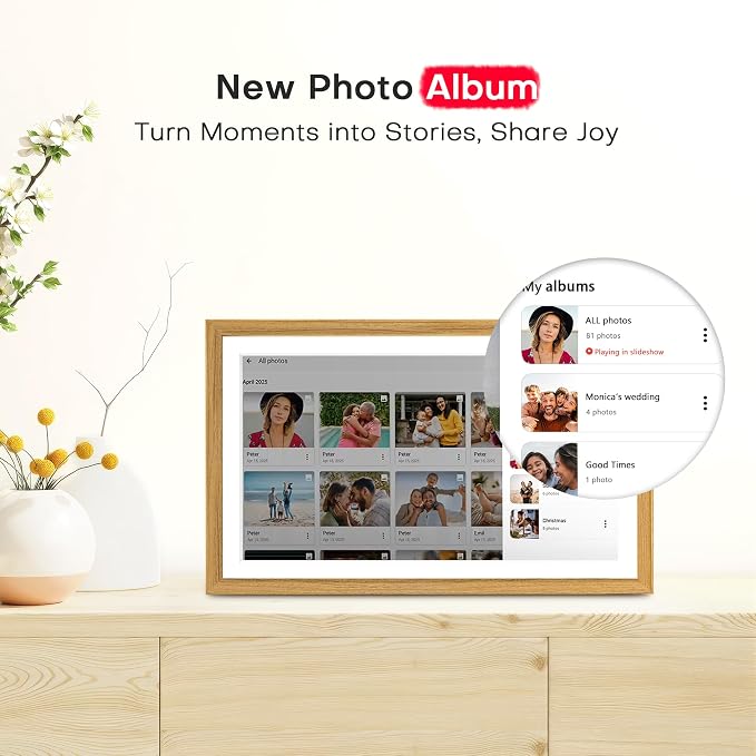 Frameo 15.6 inch Digital Picture Frame WiFi Wood, 1920 * 1080 IPS FHD Touchscreen Large Digital Photo Frame, 32GB Storage, Instant Share Photo Video, Wall-Mountable & Tabletop Display, Gift for Mom