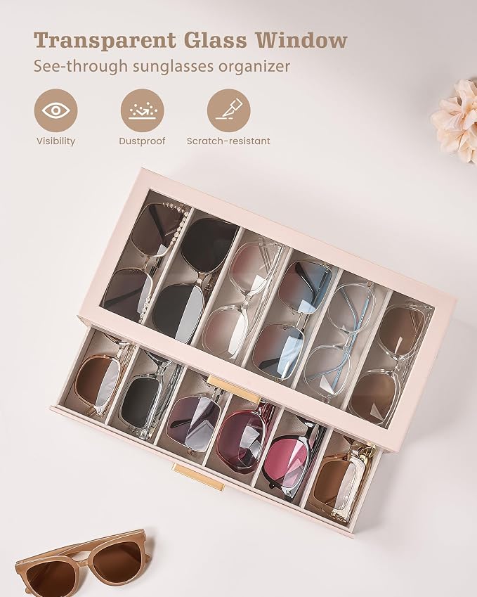 Lolalet Sunglasses Storage Box for Women, Eyewear Eye Glass Organizer with Clear Top Display Holder Case