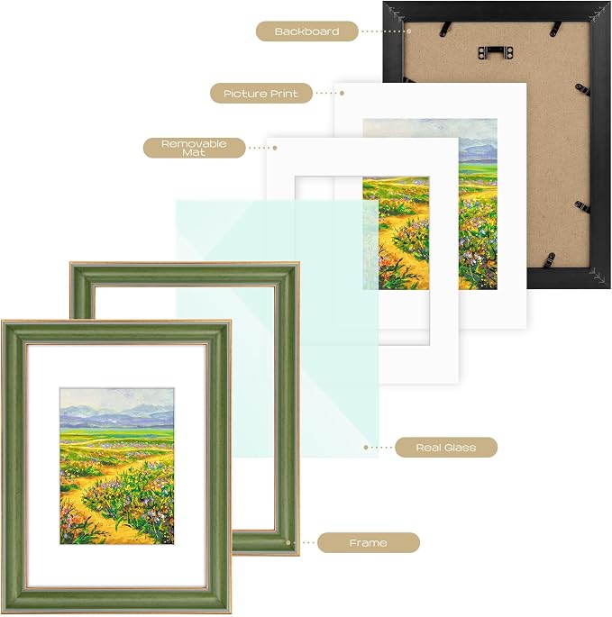 Golden State Art, 9x12 Photo Frame With Mat for Pictures 6x8 and Real Glass (Green With Gold Trim - White Color Mat, 1.25 Inch Frame Border)