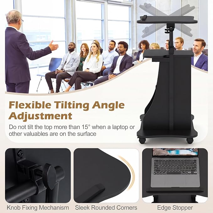 Tangkula Rolling Lectern Podium Stand, Height Adjustable Laptop Table with Tilting Tabletop & Storage Shelves, Compact Standing Desk with Lockable Casters for Home Office School (Black)