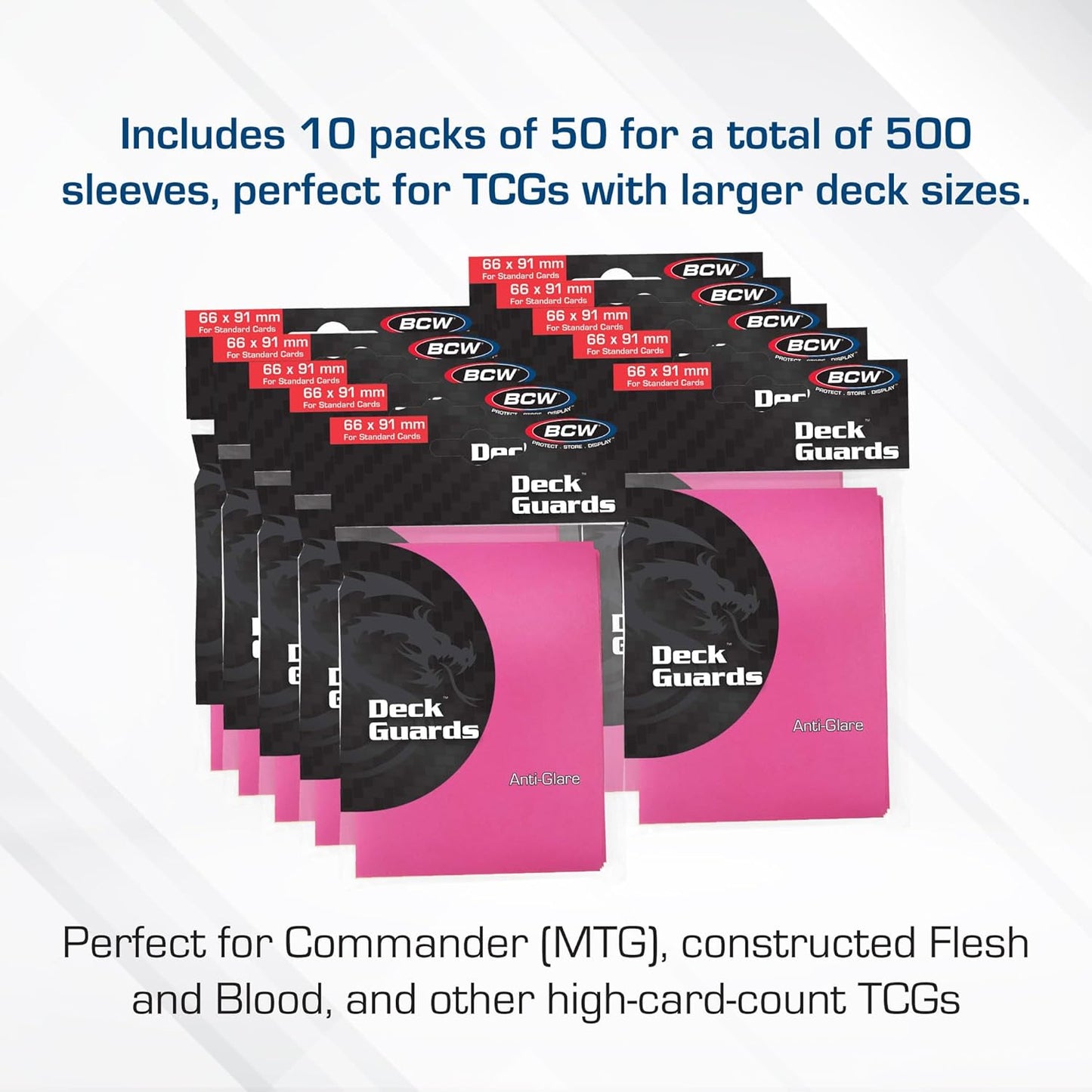 BCW Deck Guard - Double Matte Card Sleeves | 500 Count Box (10 Packs of 50 Sleeves) |Acid-Free, No PVC | Fits 2.5" x 3.5" Game Cards | Archival Safe Sleeves for Card Protection (Pink)