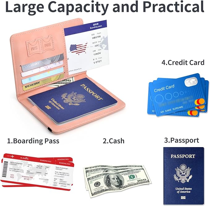 Passport Holder, Passport Cover with Credit Card Slot and Boarding Pass Slot Combo, Passport Wallet Case Book Travel Must Have, RFID Blocking Leather Travel Accessories, Pink
