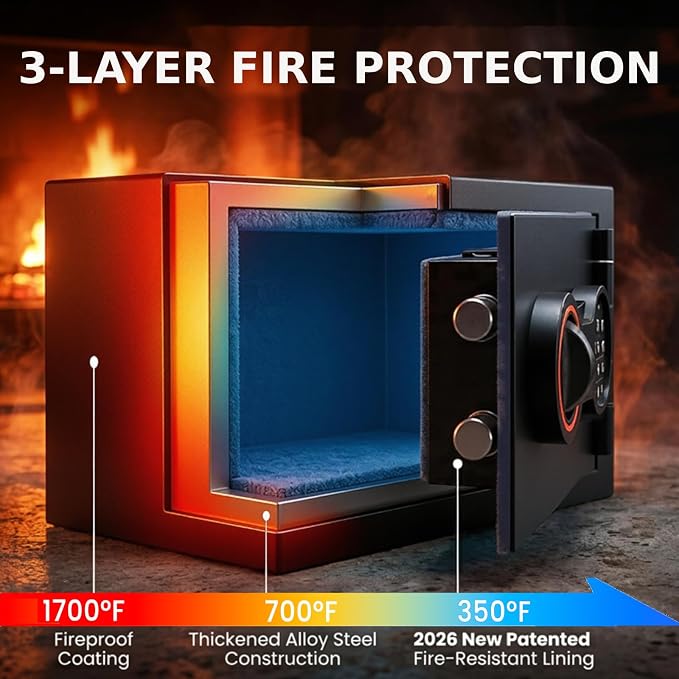[2026 0.5H 1700°F] Mini Fireproof Safe, 14.8Lbs Heavy Duty Fire Safe Box | with Alarm System, Sensor LED Light, Wall Mountable Small Safes for Home Use