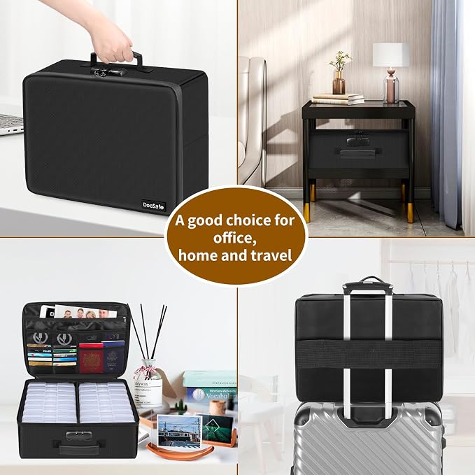 Photo Storage Box with Lock,DocSafe Fireproof Photo Organizer Box with 16 Inner 4" x 6" Photo Case(Clear),Collapsible Portable Photo Filing Safe Storage with Water-Resistant Zipper for Photos,Picture