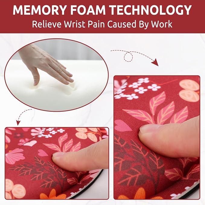KONVINIT Ergonomic Mouse Pad with Wrist Rest, Small Mousepad with Non-Slip Rubber Base and Smooth Surface, Red Mouse Pads for Desk, Office Desk Accessories