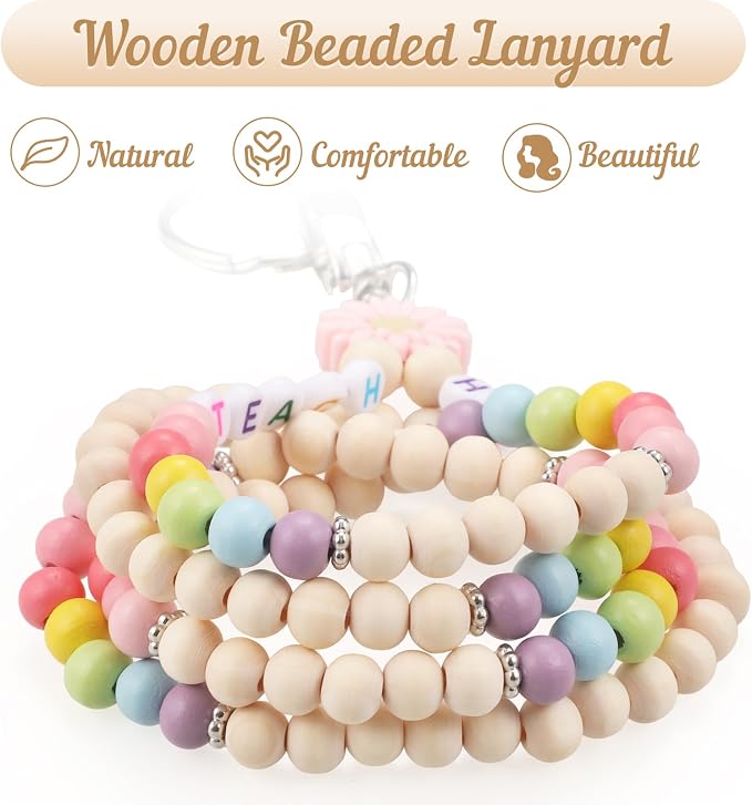 Teacher Lanyard for ID Badges Wooden Beaded Lanyard with ID Holder for Teachers Doctors Office Staff in Schools, Hospitals, and Workplaces Carrying Keys or Access Cards (Pink)
