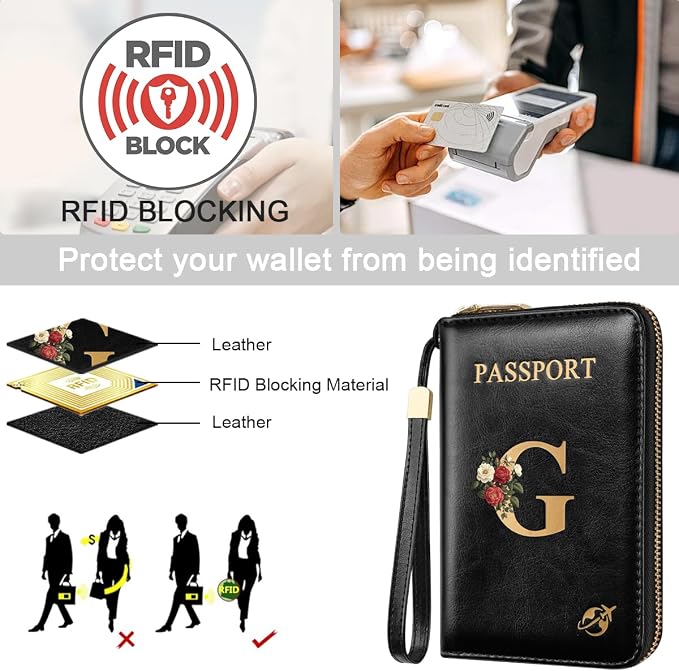 Passport Holder for Travel Personalized Wallet with Wristlet Women | Passport Cover, RFID Blocking, Passport Book Holders, Back Coin Pocket, Zipper Closure, Roses Initial Letter, Black G