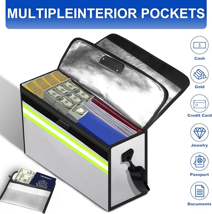 Fire Proof Bag for Documents with Removable Folder Layers/Money Bag 6500°F,Fireproof Waterproof Bag with Lock,Portable Home Travel Fire Box Safe for Documents/Valuables/Cash(14.1x9.5x4.2 inches)