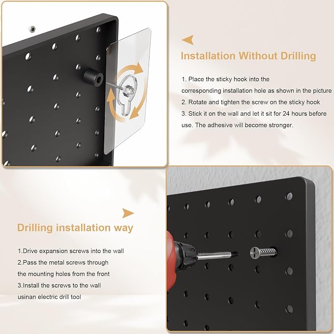 FZK Plastic Pegboard Wall Organizer Kit, 12x12, 4 Pack, Black | Durable ABS material, compatible with 1/4"and 1/8" pegboad accessories, includes adhesive or drill installation accessories