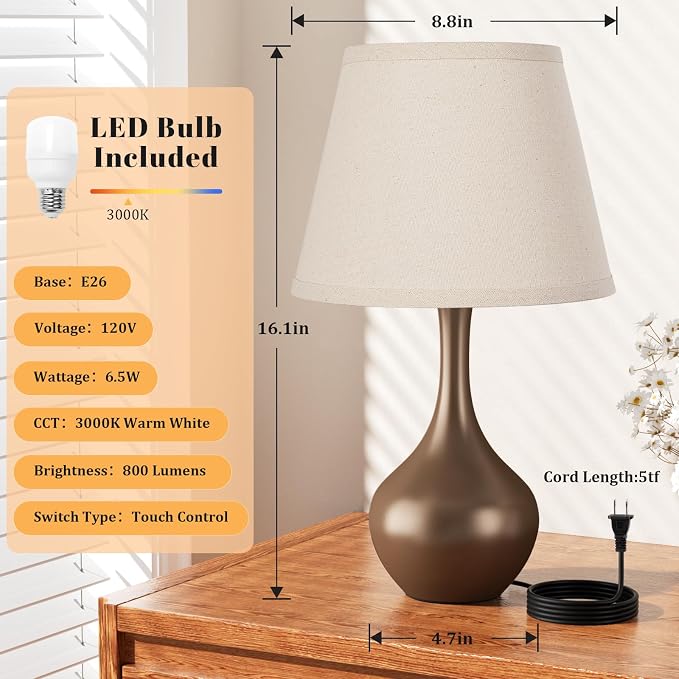 16.1" Touch Table Lamp for Nightstand, 3 Way Dimmable Small Bedroom Lamp | Touch Control, Bulb Included, Brown Bedside Lamps for Desk, Night Stands, Living Room, End Table, Corded