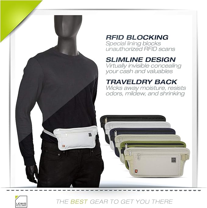 Lewis N. Clark Travel Money Belt Pouch, Slim RFID Blocking Anti Theft Waist Stash Pouches for Cash, Cards and Passport Holder