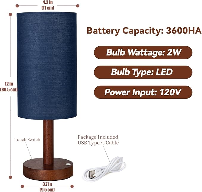 LALISU Small Table Lamp Nightstand Lamp Linen Lampshade Bedroom Wood Base Small Bedside Lamp for Night Stands, Desk Lamps for Reading Living Room, Office (LED Bulb Included) (Blue)
