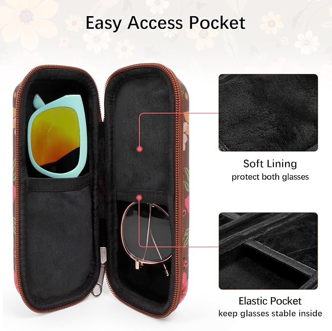 Double Eyeglasses Case Hard Shell Dual Sunglasses Organizer with Zipper Closure Travel Eyewear Storage for Vehicle