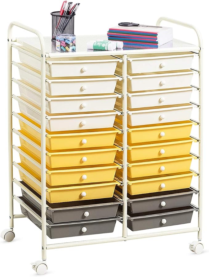 RELAX4LIFE 20 Drawer Rolling Storage Cart, Mobile Rolling Cart w/Drawers for School Classroom Teacher Office Home Salon, Paper File Art Supply Craft Organizer, Utility Cart on Wheels (Yellow)
