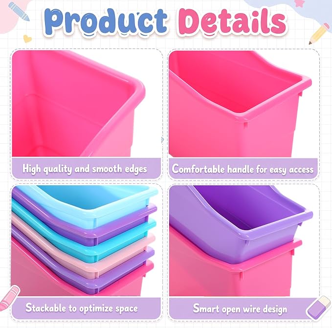 Blosssound 6 Set Book Bins for Classroom with Label Sticker Book Box Baskets Plastic Stackable Organizing Bins Storage & Organization for Classroom Library Home School Supplies (Purple Pastel)