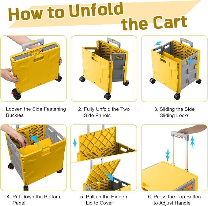 FELICON Folding Utility Cart Rolling Crate Handcart Basket Tote-Yellow+Gray | Collapsible Hidden Lid,Plastic Box,Telescoping Handle,4 Rotate Wheels for Travel Shop Move Grocery Laundry Office Teacher Use