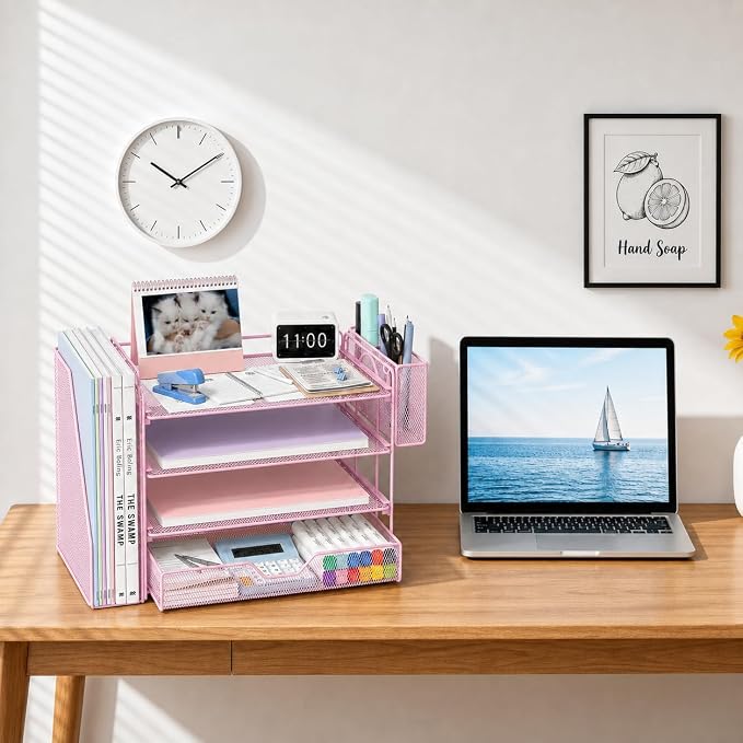 Desk Organizers and Accessories, 4-Tier Desktop File Organizer with Drawer and Pen Holders, Office Desk Accessories Workspace Organizers for Office Supplies (Soft Pink)