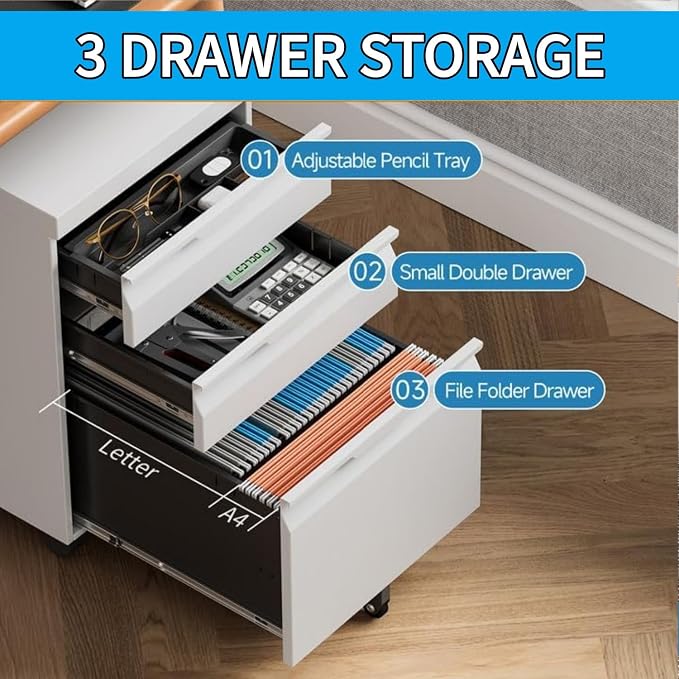 3 Drawer Mobile File Cabinet with Lock, Rolling File Cabinet with Wheels | Metal Small Filing Cabinet with Wheels for Home Office Storage, Fits Legal/A4/Letter/Document Size, Required Assembly, Black