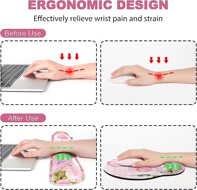 Ergonomic Mouse Pad with Wrist Rest and Keyboard Wrist Rest, Mousepad | Memory Foam Wrist Rest for Computer Keyboard, Pain Relief, Non-Slip Base, Mouse Pad Wrist Support for Gaming, Pink Collage
