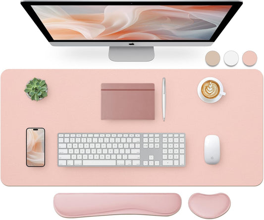Bloss Large Desk Pad and Keyboard Wrist Rest, Large Mouse Pad + Keyboard Pad+Mouse Wrist Support, Non-Slip Desk Mat Protector for Office, Home (35.4×15.7 Inches,Pink)