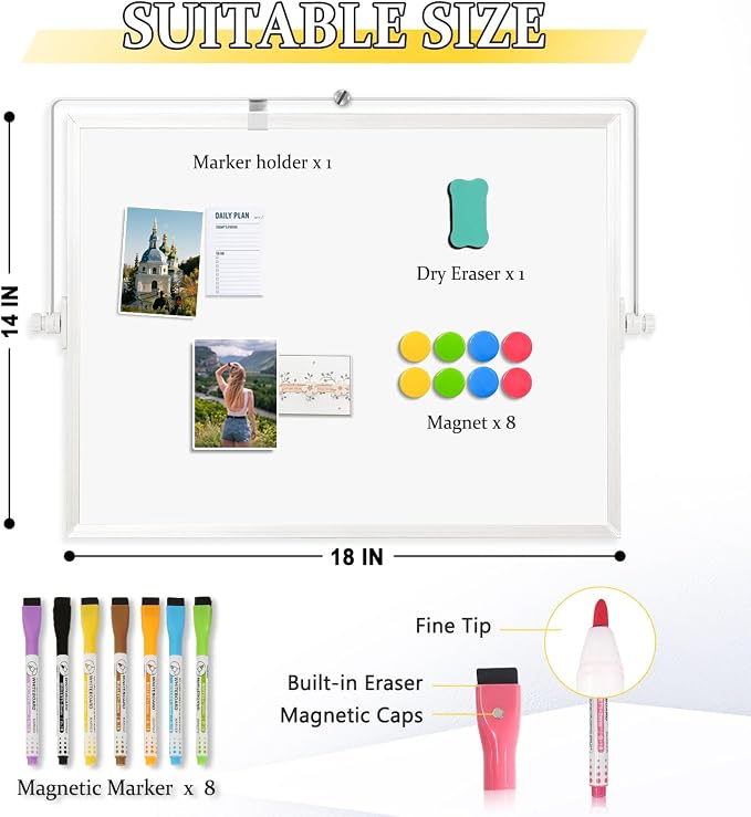 Double-Sided Magnetic White Board with Stand, 18" x 14" | Dry Erase Board with Stand, Desktop Whiteboard Easel , Portable Small White board dry erase for Drawing, Office, Home