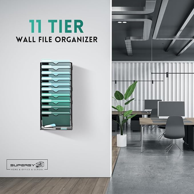 11-Tier Wall File Organizer, Wall Mounted Mail Sorter, 2 Pack | Metal Mesh Hanging File Organizer with Open Compartments and Label Panels for Papers and Folders at Home, Office or School