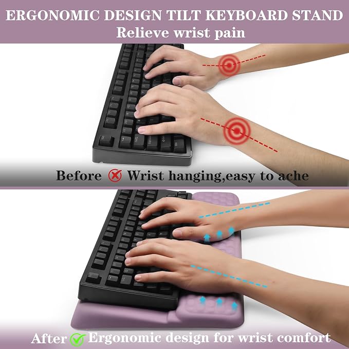 Computer Keyboard Stand with Wrist Rest Support Pad, Purple | Ergonomic Comfy Tilted Keyboard Stand Riser Holder Pad for Pain Relief, Soft Memory Foam Desk Cushion for Office Home