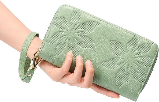 GOIACII Women's Wallet Large Capacity Double Zip Ladies Card Phone Holder RFID Blocking Wristlet Leather
