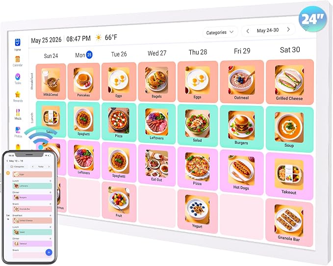 24" Digital Calendar Electronic-eCalendar WhiteBoard-Meal-Planner - Touchcreen Picture-Frame Display, Chore Chart, No Subscription, Star Reward, Auto-Sync Online via App, Wall Mount, Gifts for Mom