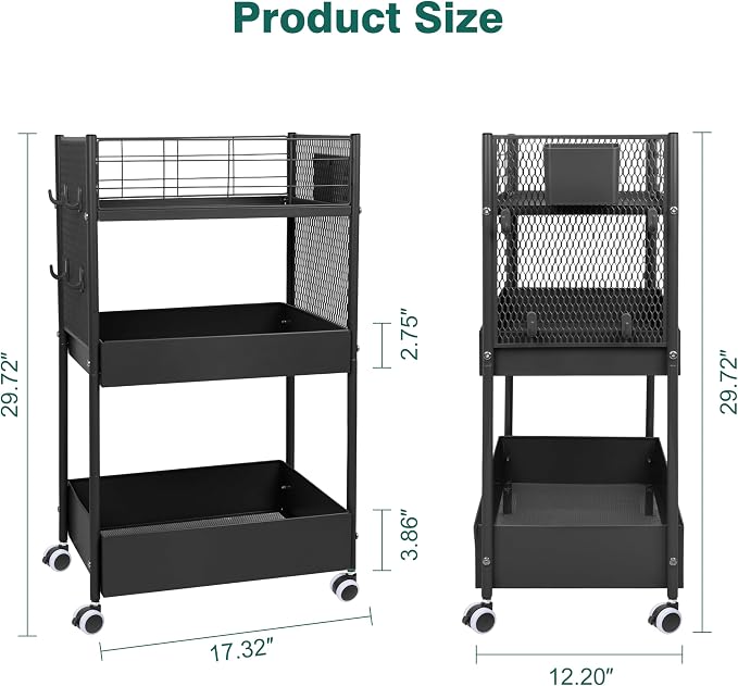 3 Tier Rolling Storage Cart Metal Utility Cart with Wheels | Office Organizer with Hooks & Hanging Cups, Mobile Shelving Unit for Kitchen Nursery Craft Snack Book
