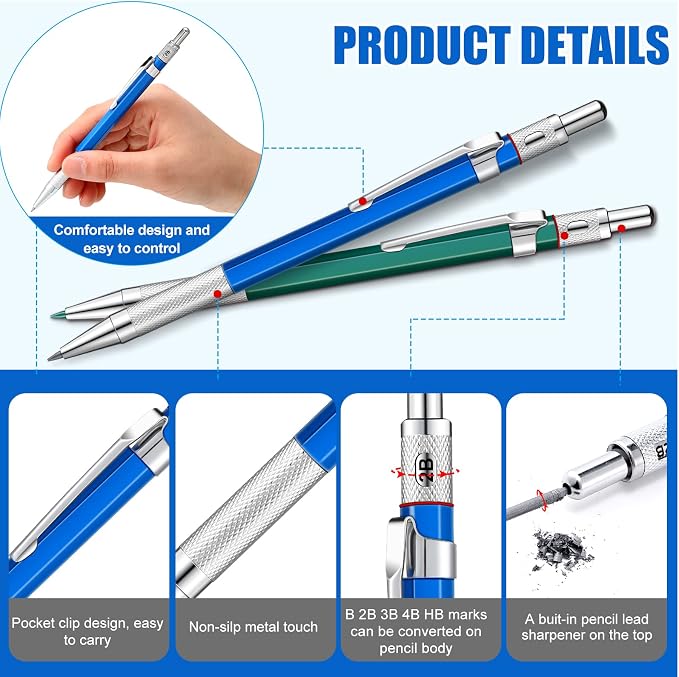 Gersoniel 2 Pcs Welders Pencil with 48 PCS Round Refills Mechanical Pencils Metal Welding Marker for Tube Pipe Fitter Welder Steel Construction Woodworking (Silver, Black, Red, Yellow, Green)