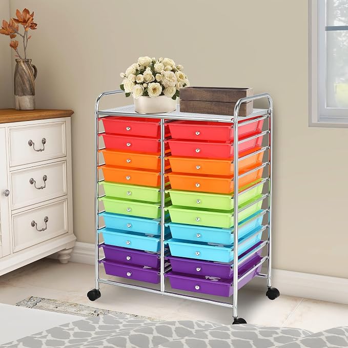 COSTWAY 20-Drawer Rolling Storage Cart, Utility Storage Organizer Cart | For Tools, Scrapbook, Paper, Craft, Multipurpose Storage Trolley on Wheels for Home Office School (Multicolor)