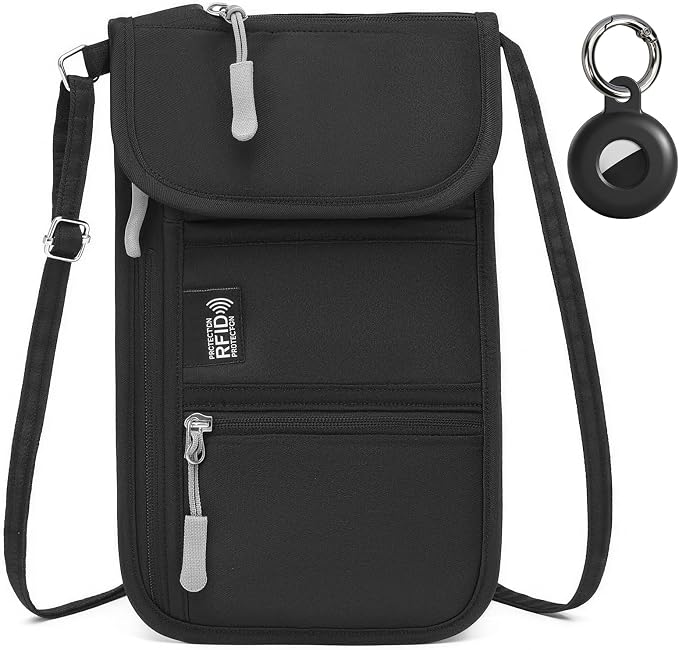 RFID Blocking Passport Holder for Travel with Tracker Case, Neck Wallet with Adjustable Lanyard 6 Compartments Pouches Passport Wallet for Family (Black)