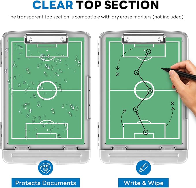 Clipboard with Storage and Pen Holder, Gray 8.5 x 11'' Folder Side Open, Heavy Duty with Dual Compartment, Clear Dry Erase for Coach, Size 14.5 x 9.8 x 1.5'', Office & School Supply