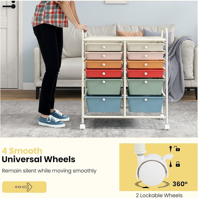 BECOMFORT 12-Drawer Rolling Cart with Drawers, Storage Cart on Wheels, Teacher Classroom Organizers with Metal Frame, Mobile Craft Cart, Trolley Utility Cart for School Office Play Room