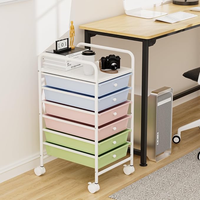 Rolling Storage Cart with Drawers 6-Tier Office Colorful | Utility Cart with 6 Drawers & 2 Lockable Caster Wheels, Multipurpose Mobile Drawer Cart for School Bathroom Kitchen
