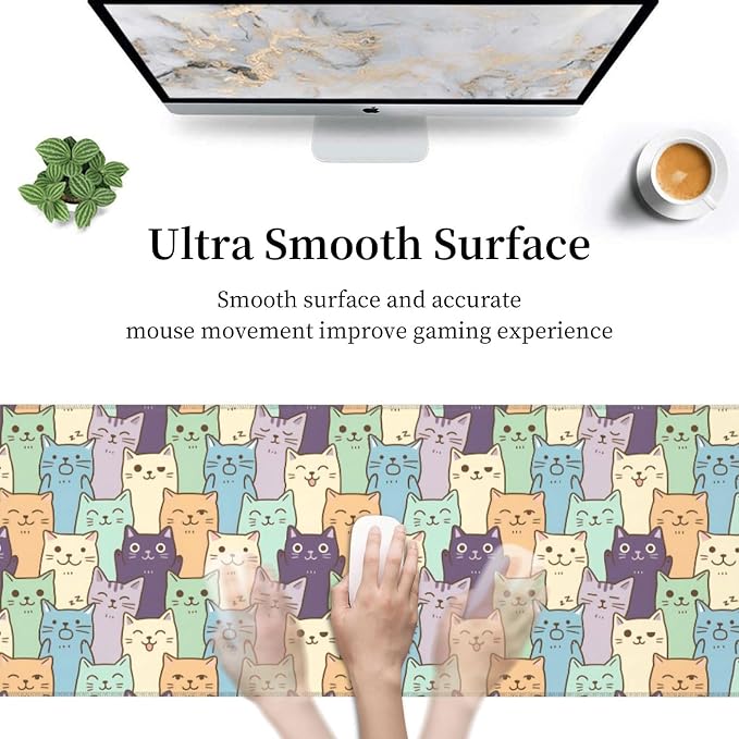 Cat Gaming Mouse Pad Large Extended Desk Mat Non-Slip Rubber Base Keyboard Pad with Stitched Edges for Office Gaming 31.5x11.8 in