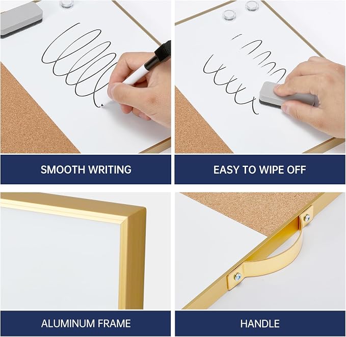 Small Combination Board - 12" X 16" Portable Aluminum Gold Framed Magnetic Dry Erase Board for Wall, Small Bulletin Cork Board with Holder for Office, Home and School