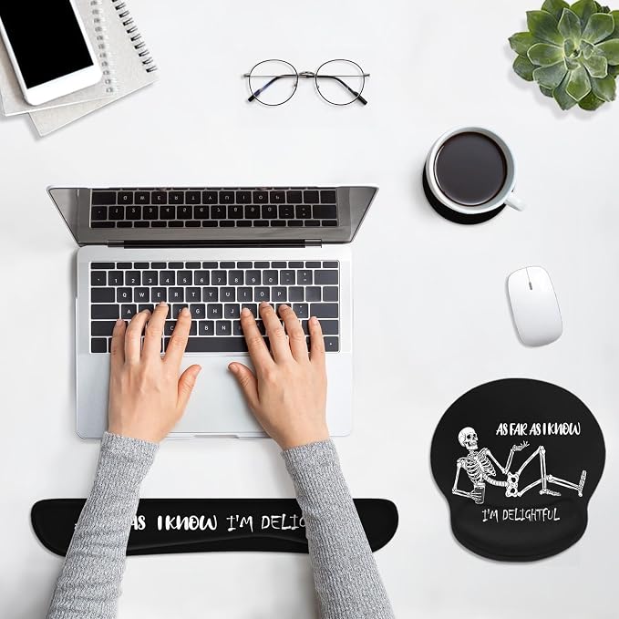 Ergonomic Mouse Pad Set with Wrist Rest, Black Skull Skeleton | Non-Slip Rubber Base Wrist Cushion Support and Coasters Mousepad with Wrist Support for Computer Keyboard