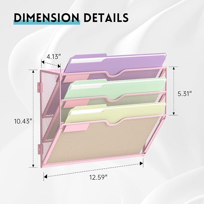 3 Tier Wall File Organizer, Hanging Wall Mounted Mail Organizer with Label Slots, Metal Mesh File Holder Magazine Rack for Office, Home, School, Pink