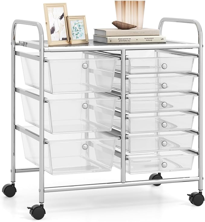 RELAX4LIFE 9 Drawer Rolling Storage Cart - Mobile Drawer Carts for Craft Art Supply Paper Salon, Utility Cart on Wheels for Classroom Teacher School Office, Rolling Cart with Drawers (Clear)