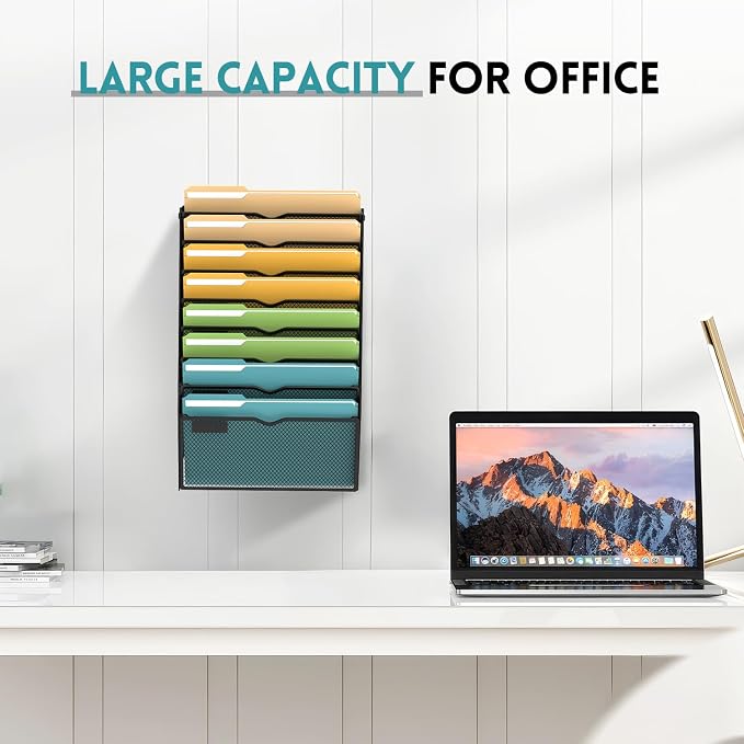 8 Tier Wall File Organizer, Hanging Wall Mounted Mail Organizer with Label Slots, Metal Mesh File Holder Magazine Rack for Office, Home, School or Classroom, Black