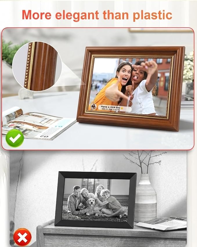 Frameo Digital Frame 10.1 Inch WiFi Digital Photo Frame with 32GB Storage, 1280x800 HD IPS Touch Screen Picture Frames Slideshow, Long Distance Realationship Gifts, Elderly Tech (Maple Brown)