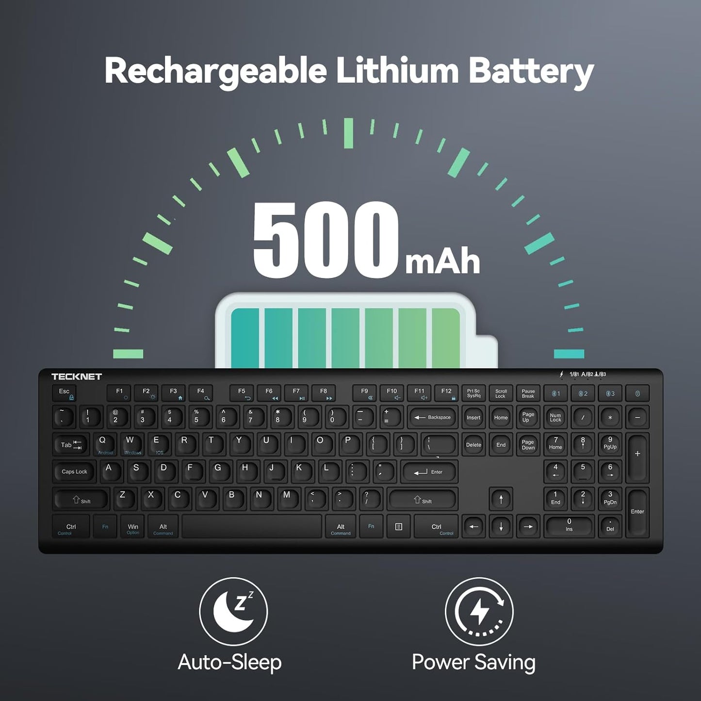 TECKNET Bluetooth Keyboard Rechargeable, 4-Device (2.4G+BT) Wireless Keyboard, Full Size Computer Keyboard with Stand, Ultra-Slim Quiet Typing, for PC/Laptop/Smart TV/Phone/Tablet, 12 Hotkeys