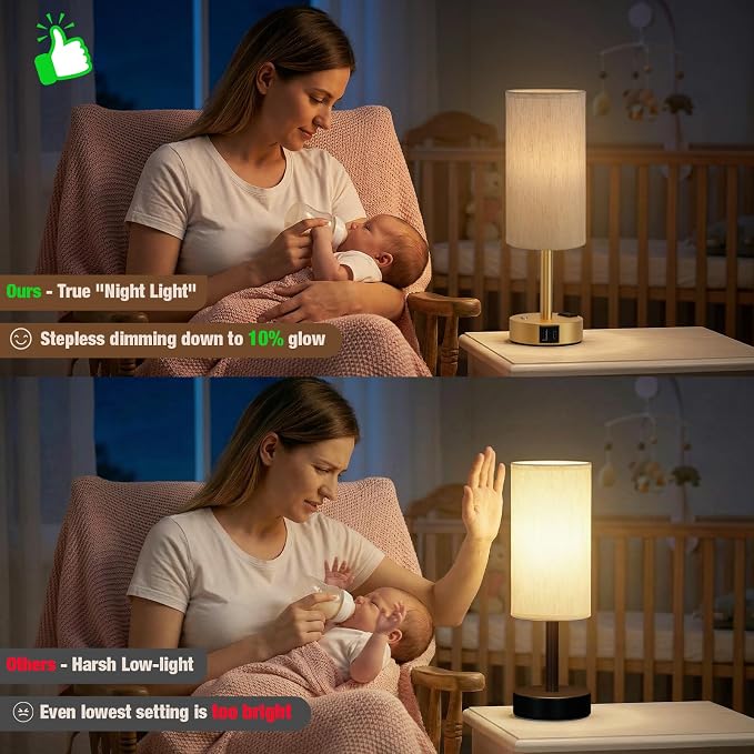 Gold Touch Bedside Lamp for Bedroom, Stepless Dimmable, USB A+C, AC Outlet | Base Touch Button Only, Memory Brightness, Ultra-dim Night Light, Included Bulb for Optimal Dimming, Cream Fabric Shade, Desk
