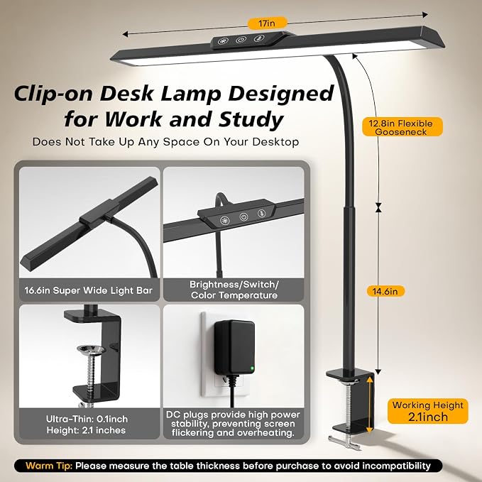 LED Desk Lamp with Clamp, Stepless Dimming Flicker-Free for Home Office | Architect Lamp, DC Adapter, 25 Modes, 12.8in Flexible Gooseneck, Eye-Friendly for Workbench & Reading