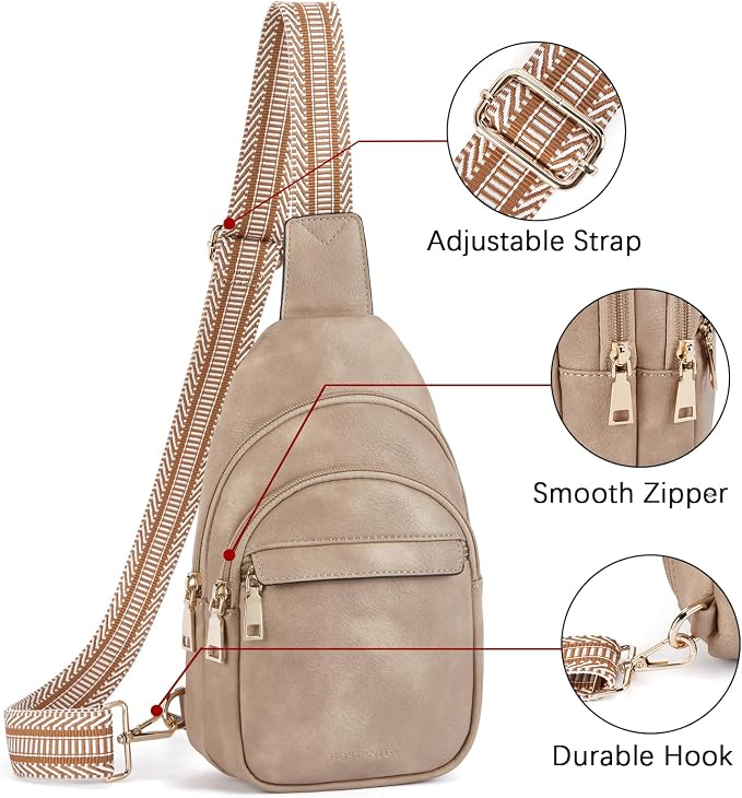 BOSTANTEN Sling Bag for Women Leather Crossbody Bags Fanny Pack Chest Bag for Travel | Adjustable Wide Strap, Small, Anti Theft, Lightweight, Multi Pockets and Carrying Way, Card Slot, Cute Trendy for Everyday